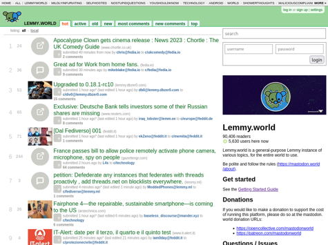 Screenshot of the lemmy.world frontpage in mlmym.
